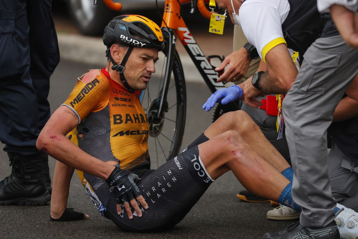 Bahrain McLaren’s Rafael Valls received medical attention after crashing on the opening stage of the 2020 Tour de France