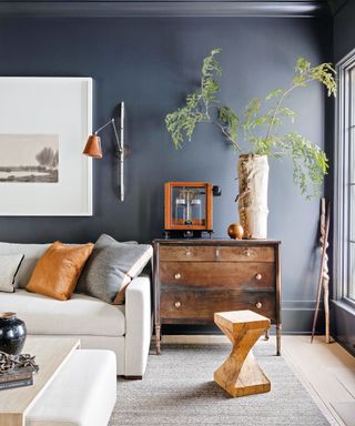 Neutral living room with dark gray wall and white sofa