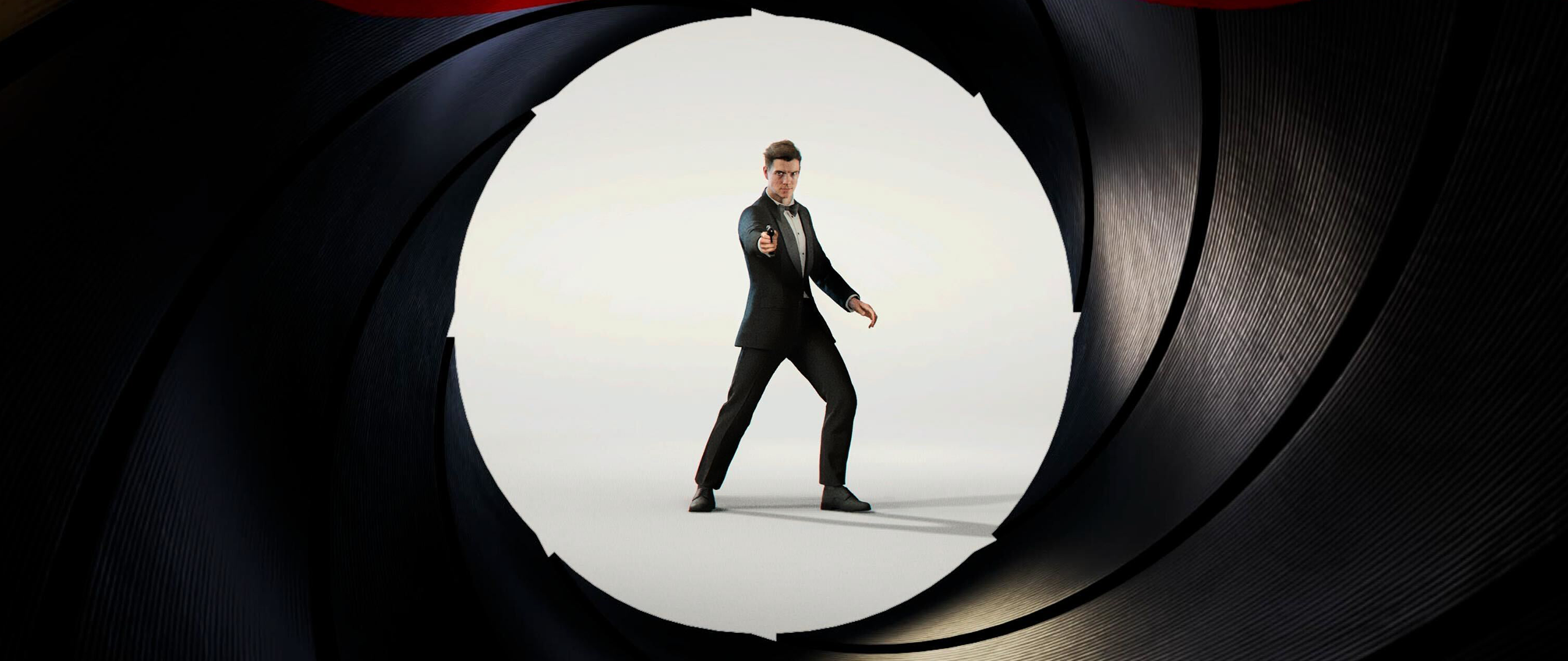 A screengrab from 007 First Light showing a Bond character aiming down the sight of a barrel 