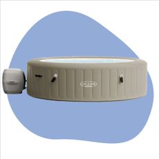 A grey Lay-Z-Spa hot tub on a blue and white background
