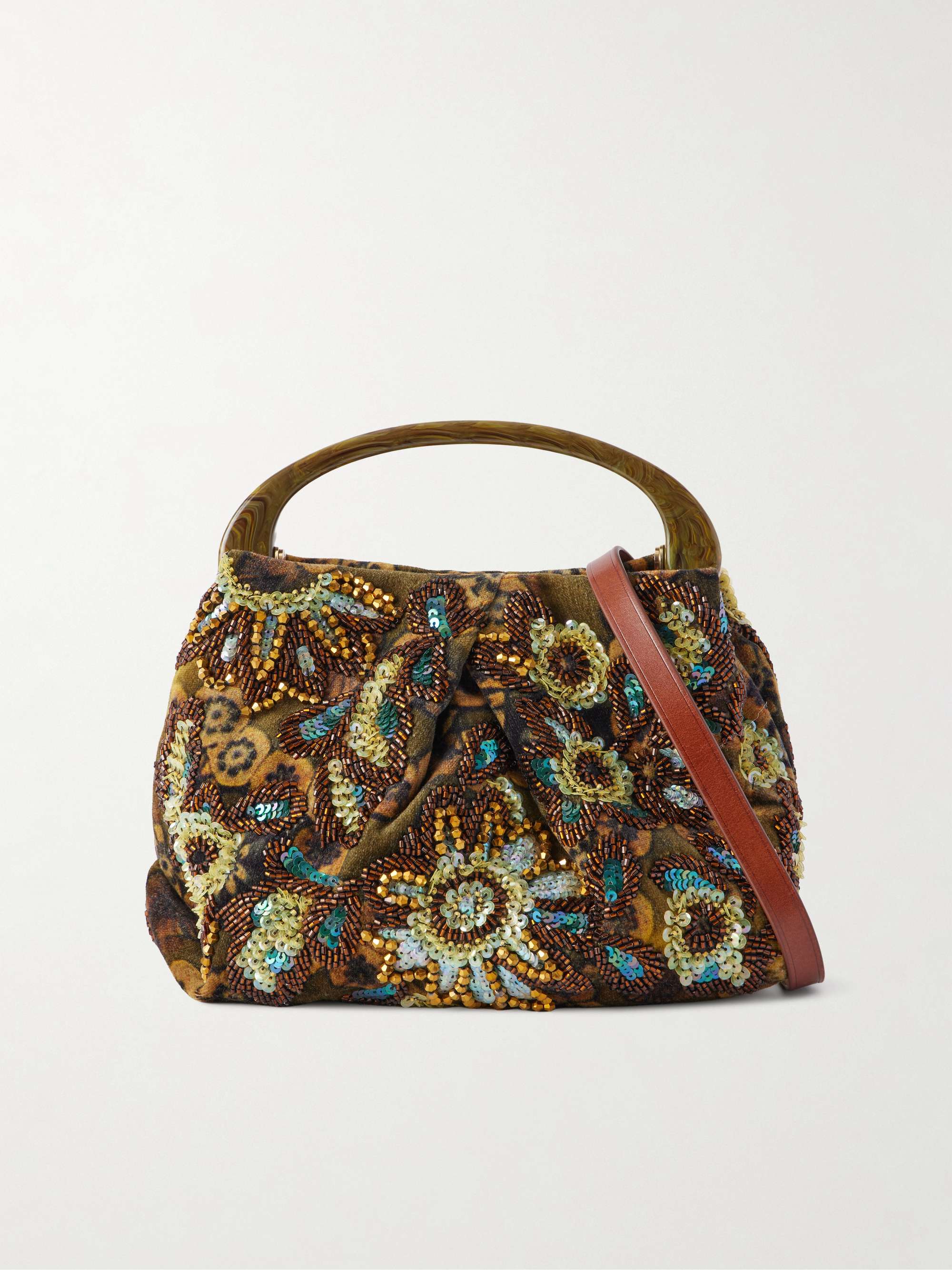 Bead-Embellished Printed Leather-Trimmed Velvet Shoulder Bag