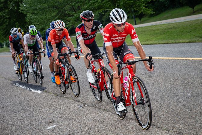 Kiel Reijnen (Trek-Segafredo) sits on the front of a chase group during the US Pro Road Race National Championships on June 24, 2018 in Knoxville, Tennessee