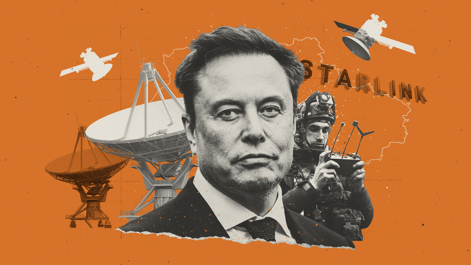 Photo collage illustration of Elon Musk, a Ukrainian drone operator, satellite dishes and he outline of Ukraine
