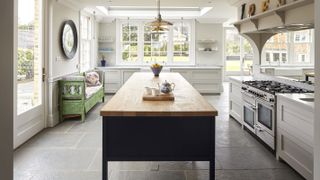 farmhouse kitchen with freestanding kitchen island