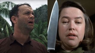 Tom Hanks stranded in Cast Away and Kathy Bates holding a knife in Misery