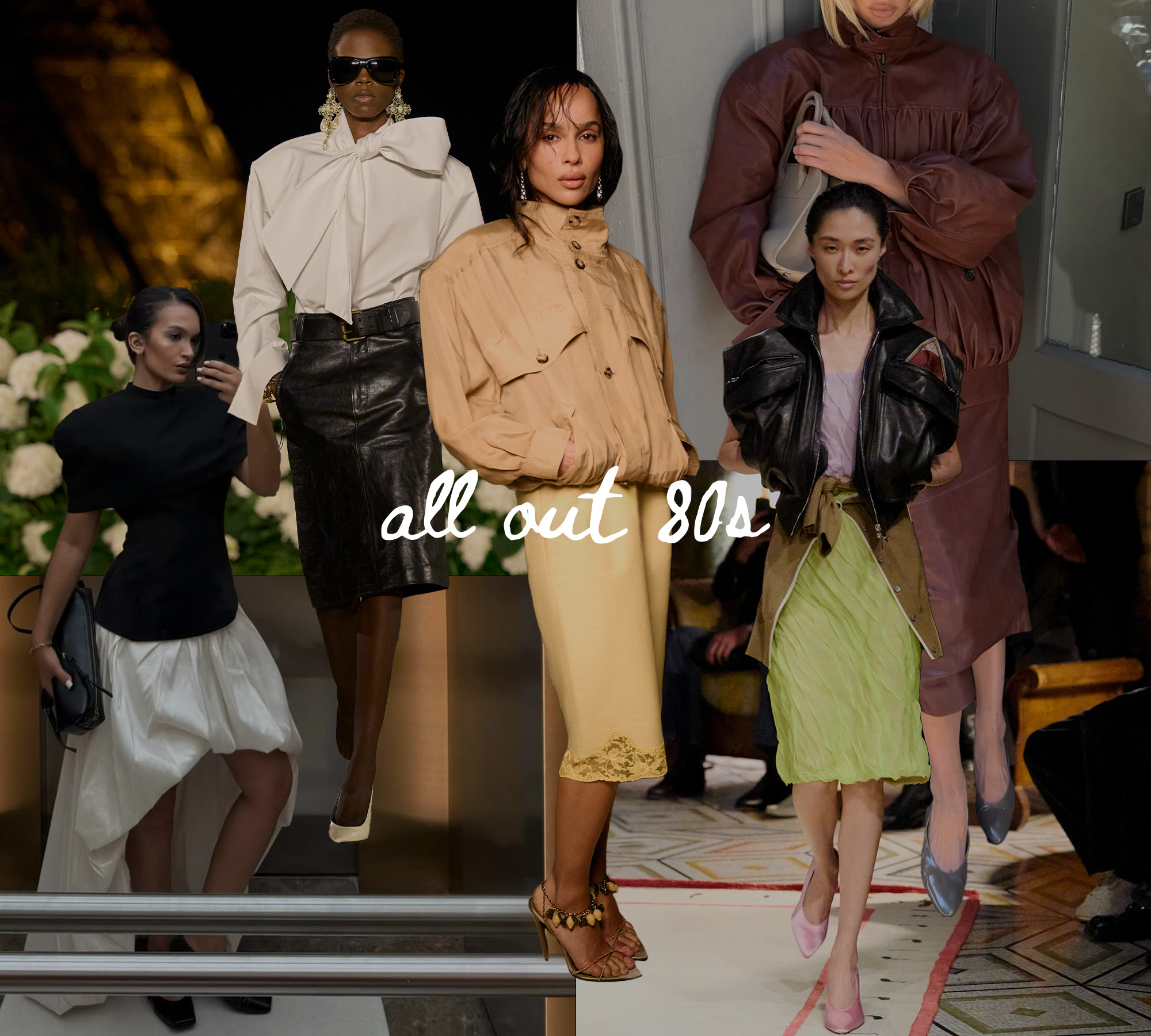 A collage of runway and influencer imagery featuring the biggest style shifts in 2026 fashion.