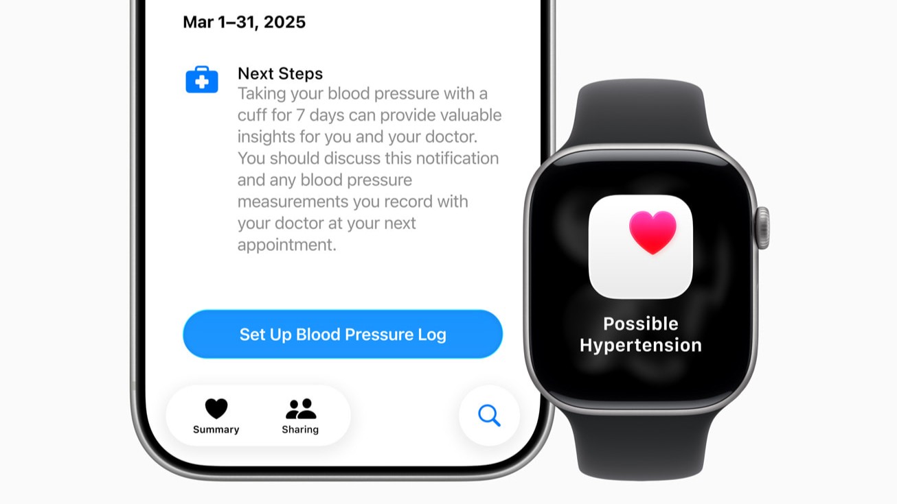 An iPhone and Apple Watch both displaying a hypertension alert