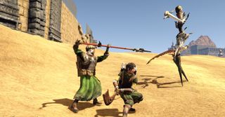 Outward - two players co-op and fight a tall enemy together with spear and sword.