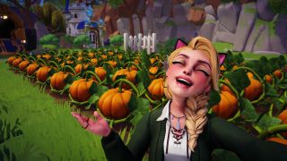 Disney Dreamlight Valley - a player gestures and smiles at a patch of pumpkins