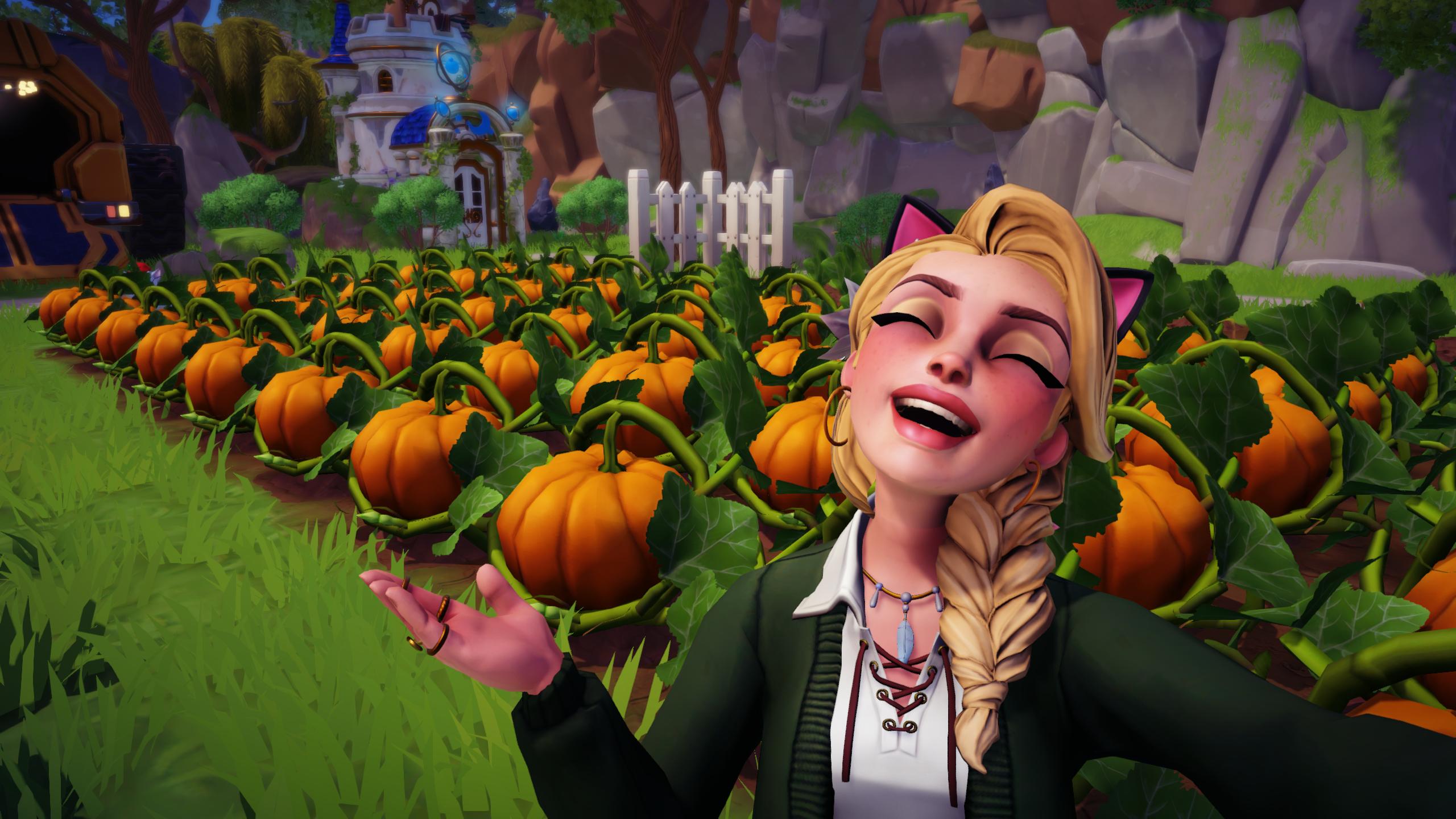 Disney Dreamlight Valley - a player gestures and smiles at a patch of pumpkins