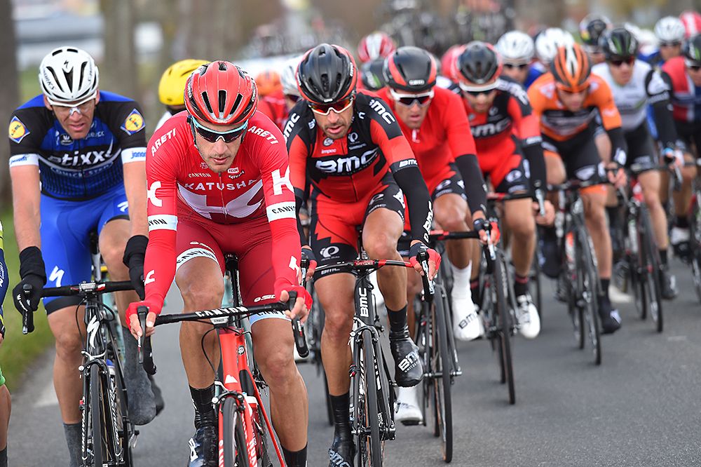 Marco Haller (Katusha) leads the bunch at Gent-Wevelgem