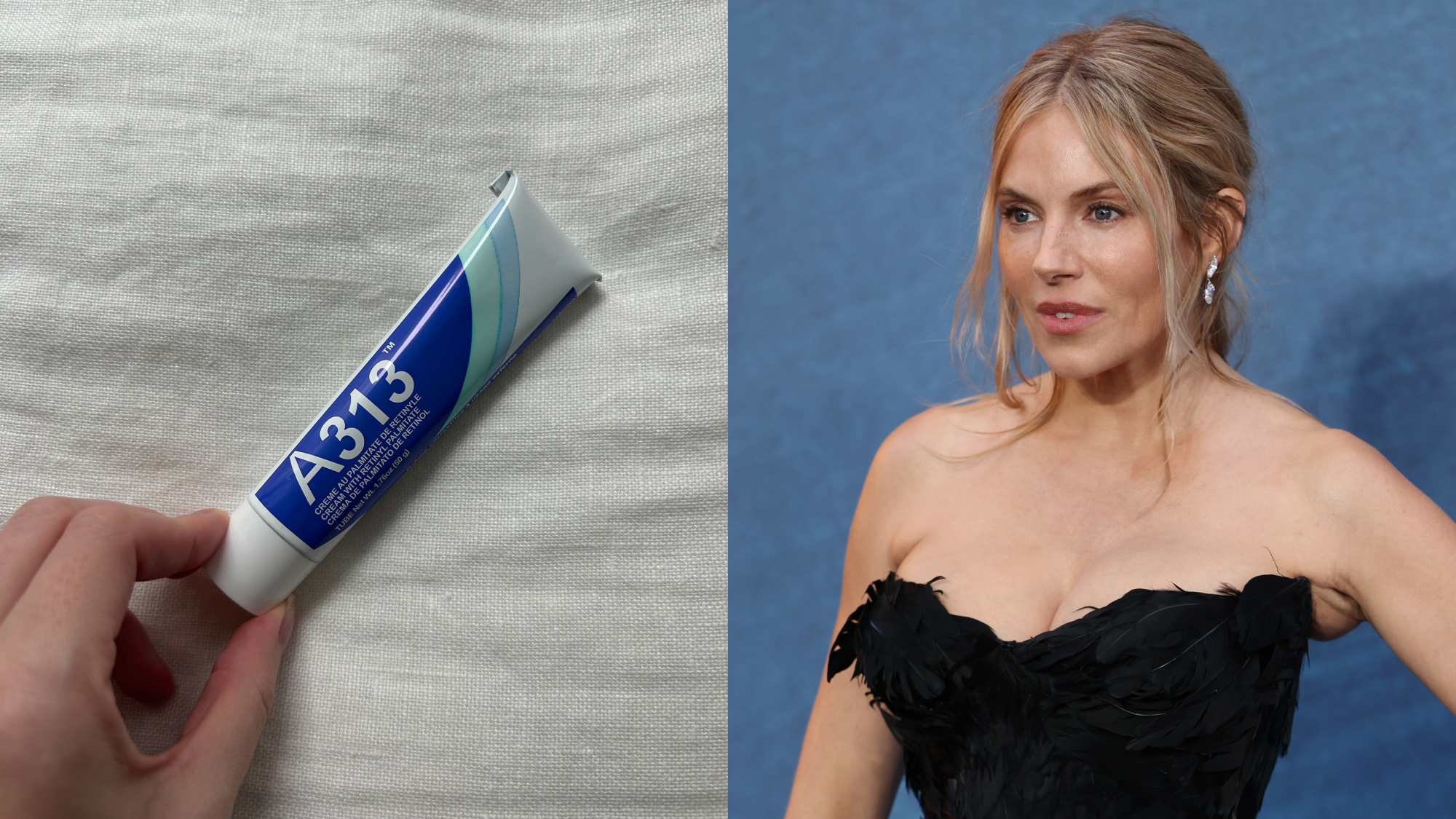 A picture of Sienna Miller and her favourite A313 retinol against a white linen background