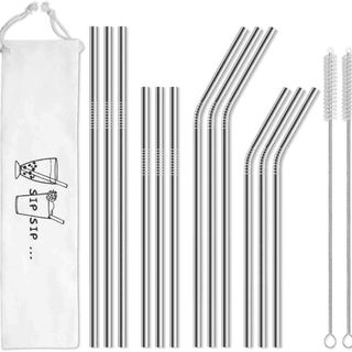 12 stainless steel reusable straws with a white pouch next to it. Six are bended and six are straight. 