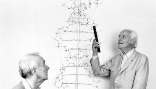Francis Crick and James Watson recreate their demonstration of the double helix model for DNA in 1990.