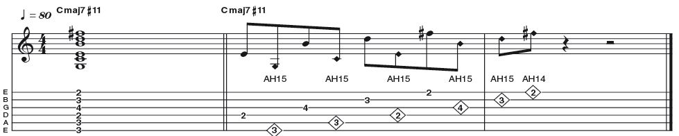 Example 49: Major 7#11 Harp Harmonic Shape - We've saved the hardest shapes for last, as we're assuming your hands are nicely warmed up by now! This fingering for Cmaj7#11 lends itself to the harp harmonic technique popularised by Lenny Breau, whereby fretted notes are played with artificial harmonics, performed by touching the strings 12 frets above.