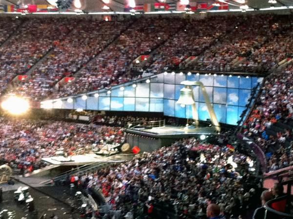 The Olympic bell was rung by Tour de France champion Bradley Wiggins to kick off the Opening Ceremony at the London Olympic Games.