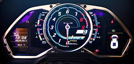 The Lamborghini Aventador design is inspired by modern jet fighters. That inspiration is seen through the vehicle especially in its instrument panel