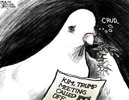 Political cartoon US Trump Kim Jong Un North Korea nuclear summit cancellation olive branch