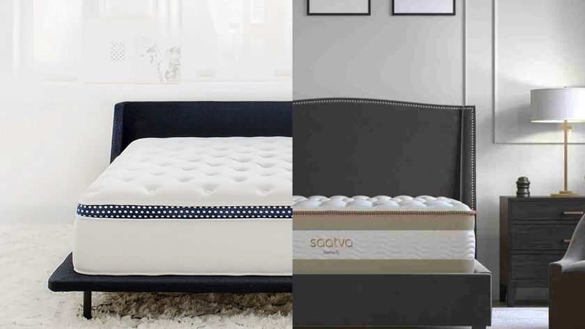 The WinkBed mattress on a bed frame directly next to the Saatva RX on a bed frame