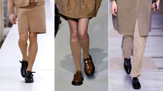 A composite of models on the runway showing fall winter shoe trends 2023 loafers