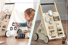Two images of the Haus Projekt Baby Walker and a baby playing with it