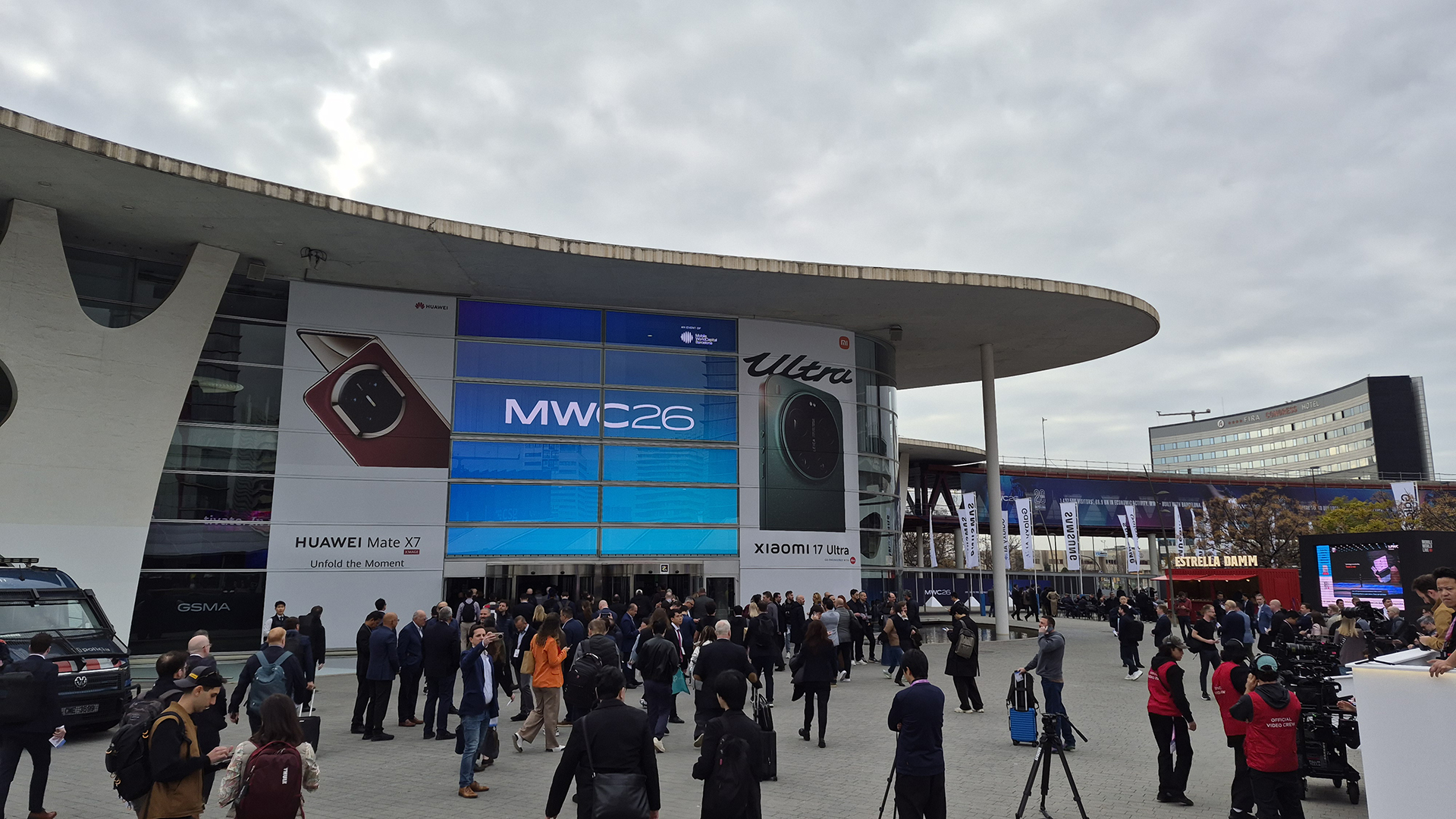 The front entrance to the Fira Barcelona convention center during Mobile World Congress MWC 2026