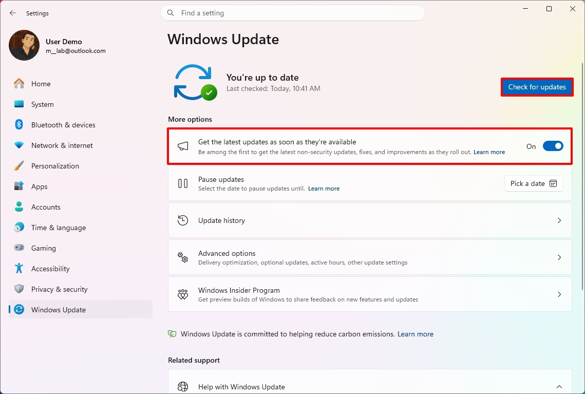 Windows 11 Settings showing the Windows Update settings.