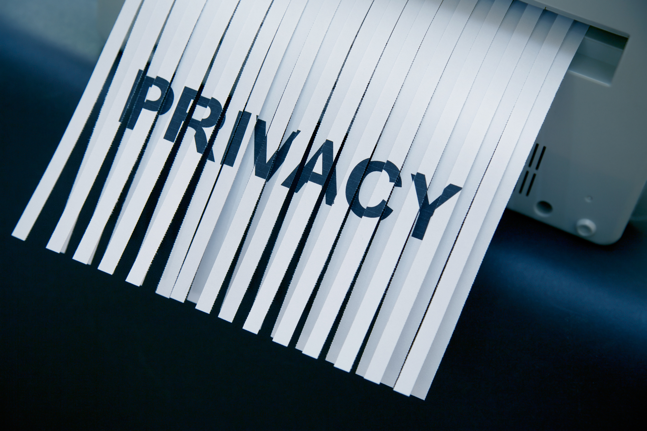 A piece of paper with the word "privacy" printed on it going through a paper shredder.
