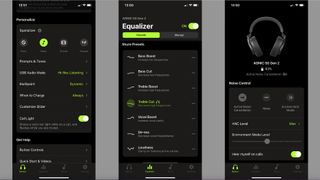 Shure Aonic 50 Gen 2's app, ShurePlus PLAY, three screens showing the features of the headphones, on gray background