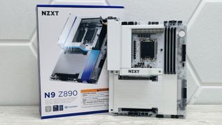 An NZXT N9 Z890 motherboard on a desk with port covers removed.