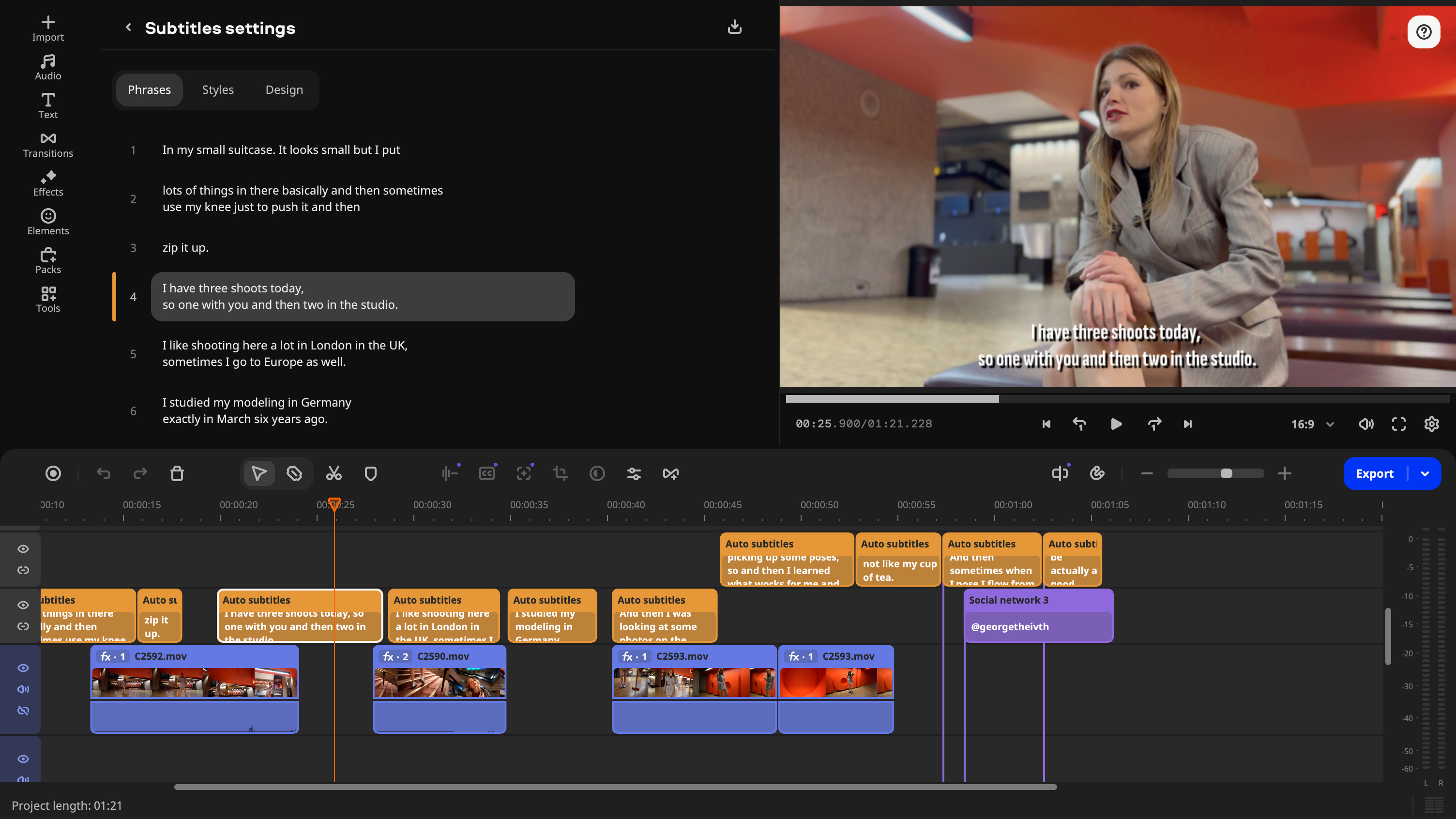 Shot of the workspace displaying the Subtitles settings window. We can see a numbered collection of phrases that have been transcribed by AI.