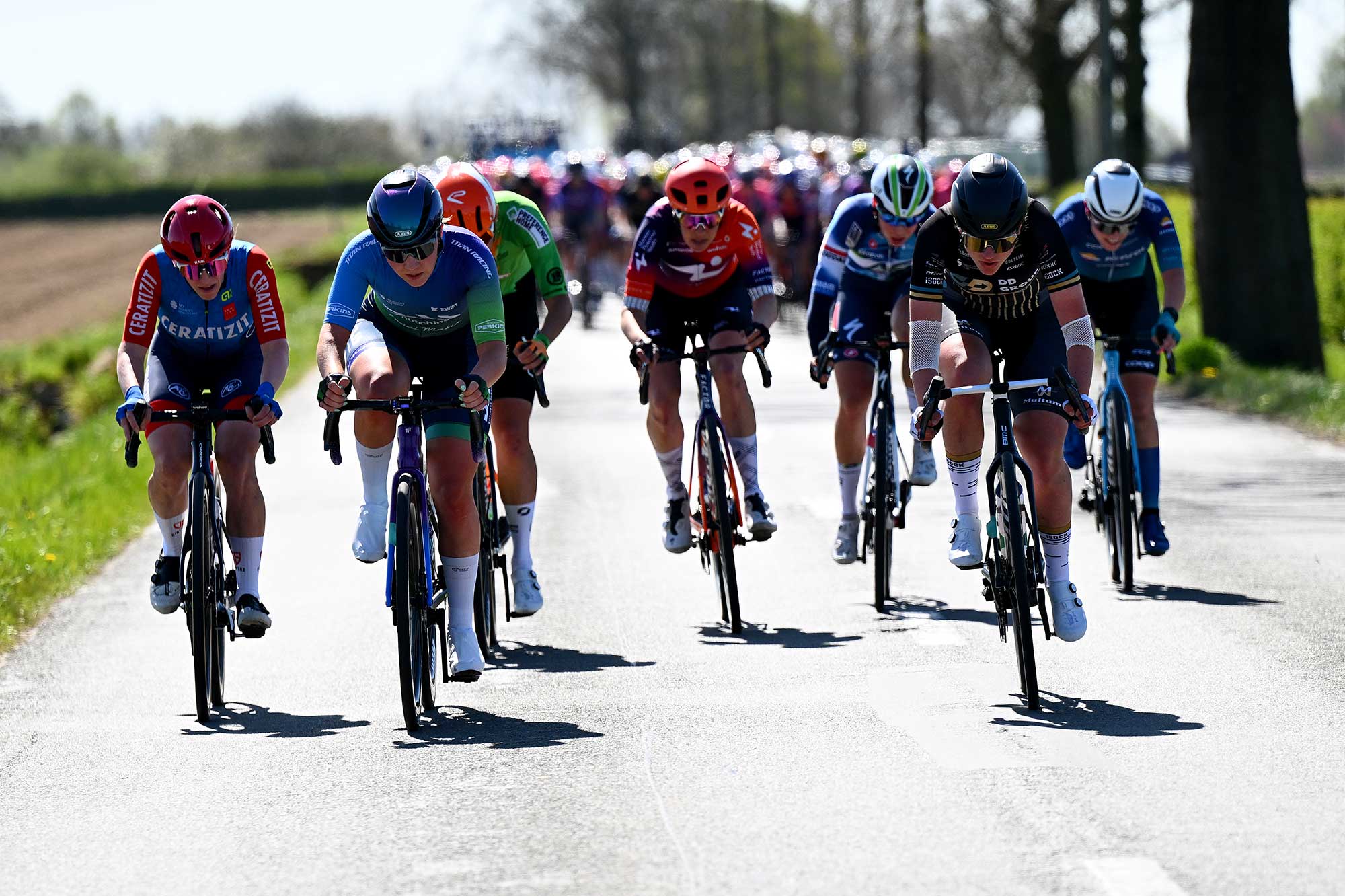 OUDENAARDE BELGIUM APRIL 06 LR Franziska Brausse of Germany and CERATIZIT Pro Cycling Team Aoife OBrien of Ireland and Team DASHutchinson Britt De Grave of Belgium and DD Group Pro Cycling Team compete in the breakaway during the 22nd Ronde van Vlaanderen Tour des Flandres 2025 Womens Elite a 1689km one day race from Oudenaarde to Oudenaarde UCIWWT on April 06 2025 in Oudenaarde Belgium Photo by Luc ClaessenGetty Images