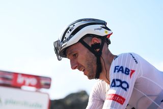 PICO VILLUERCAS SPAIN AUGUST 20 Adam Yates of The United Kingdom and UAE Team Emirates reacts after the La Vuelta 79th Tour of Spain 2024 Stage 4 a 1705km stage from Plasencia to Pico Villuercas 1544m UCIWT on August 20 2024 in Pico Villuercas Spain Photo by Dario BelingheriGetty Images