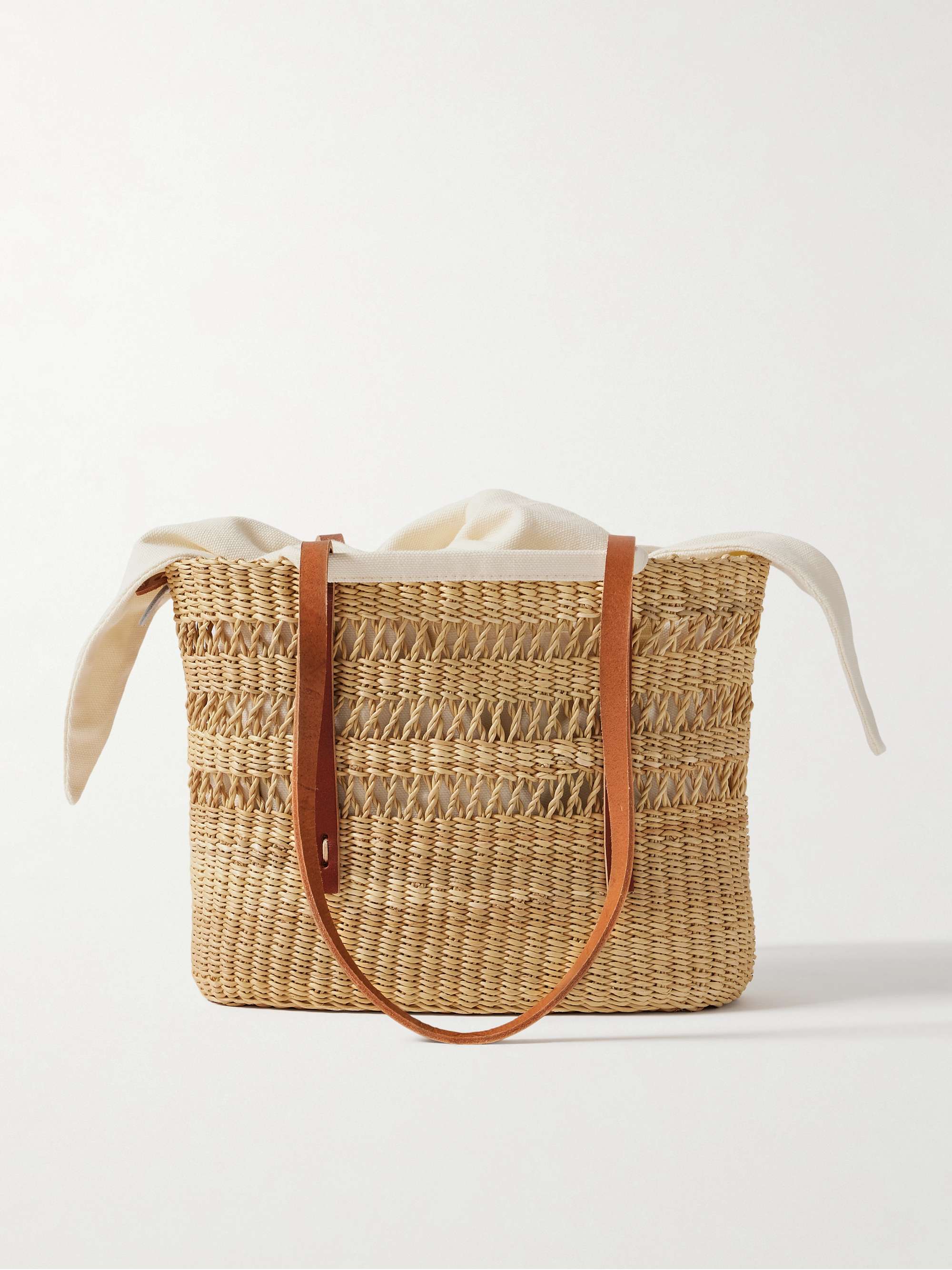 Bicro Micro Leather-Trimmed Woven Straw Tote