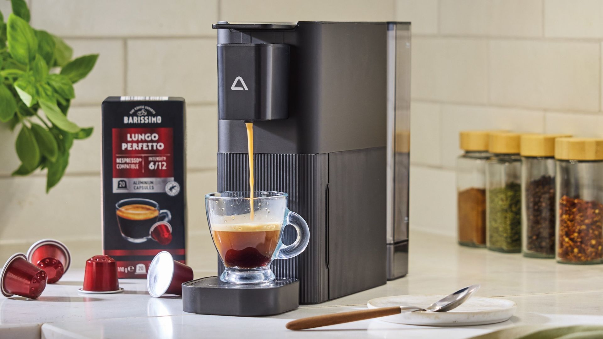 Aldi capsule coffee maker on kitchen counter