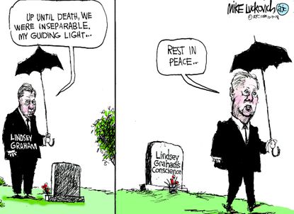 Political cartoon U.S. Lindsey Graham no conscience RIP