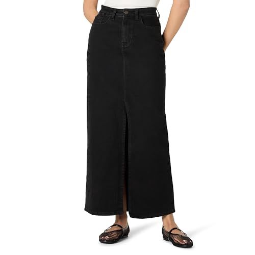 The Drop Rylie Maxi Denim Skirt With Front Slit, Black, M