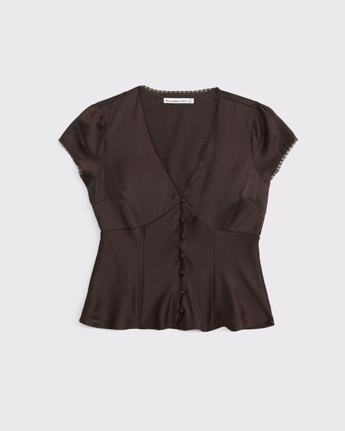 Lace-Trim Satin Button-Up Blouse (Women's)