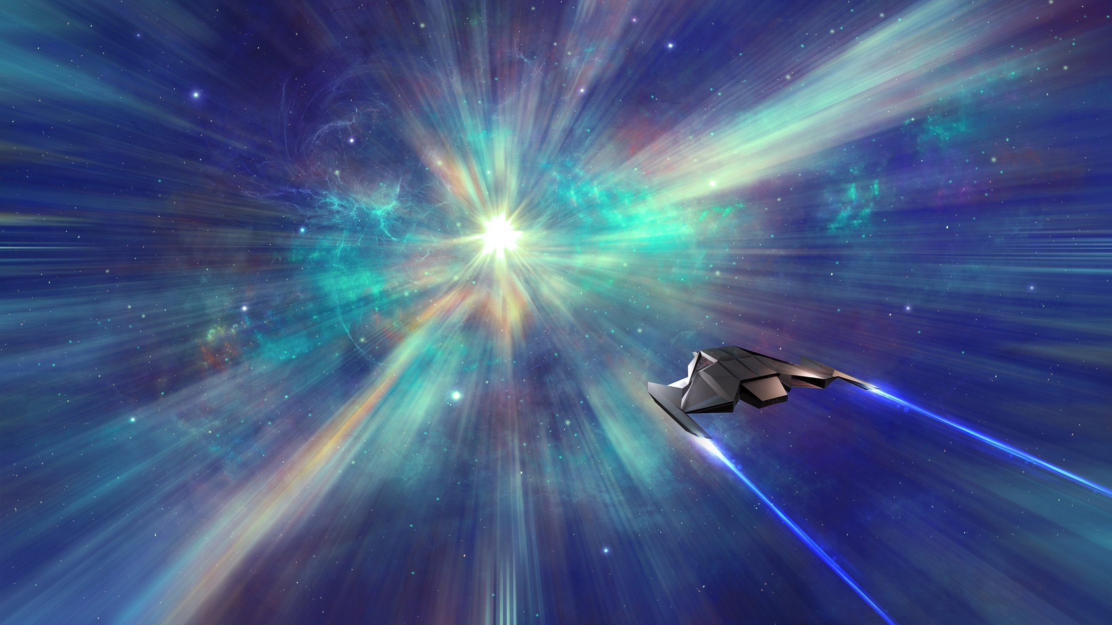 An illustration of a spaceship flying extremely fast in a colorful display.