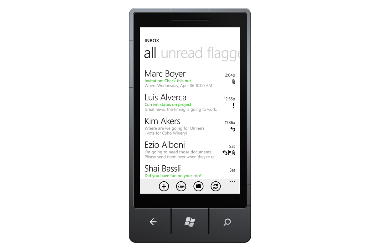 An email inbox on Windows Phone 7