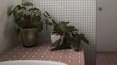 Bathroom with pink and white tile and plants