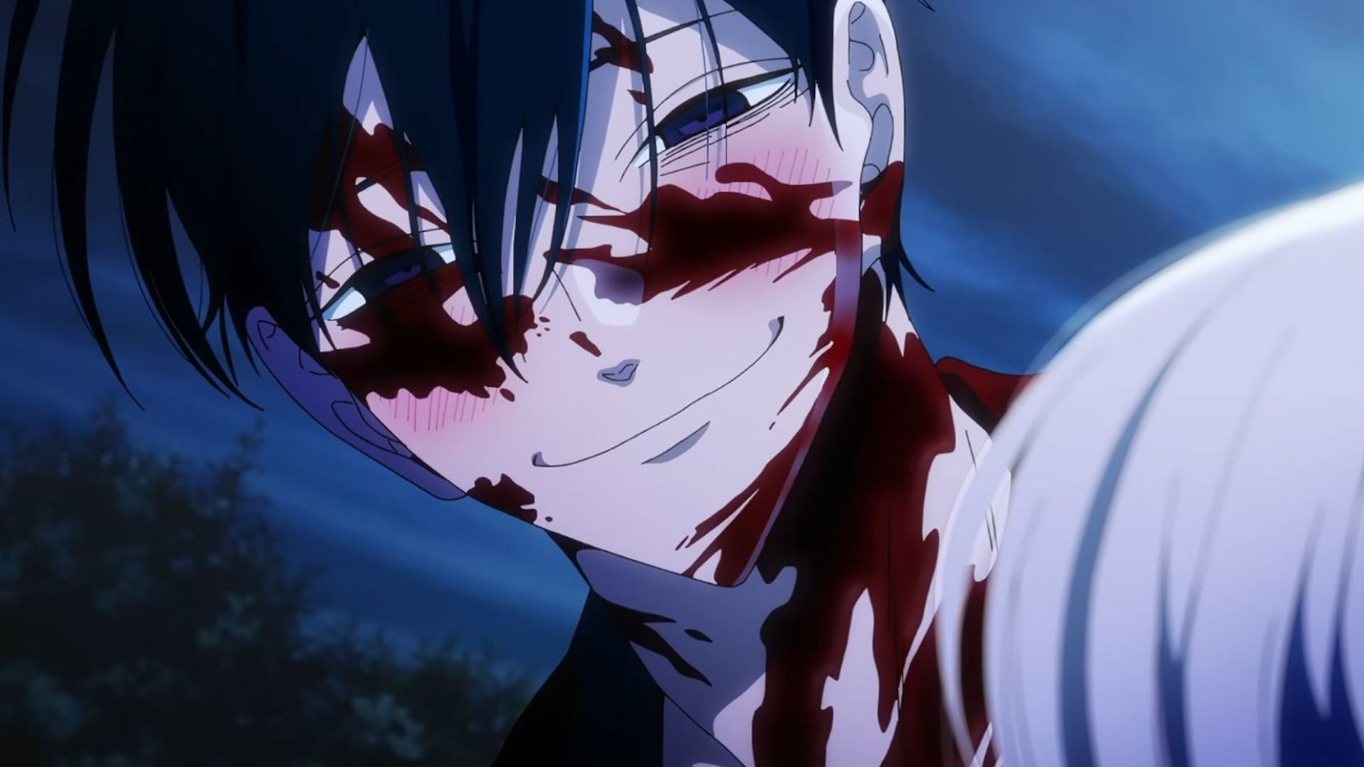 A close-up of Shinpei Goto smiling with blood on his face during one of the best romance anime on Crunchyroll Firefly Wedding.