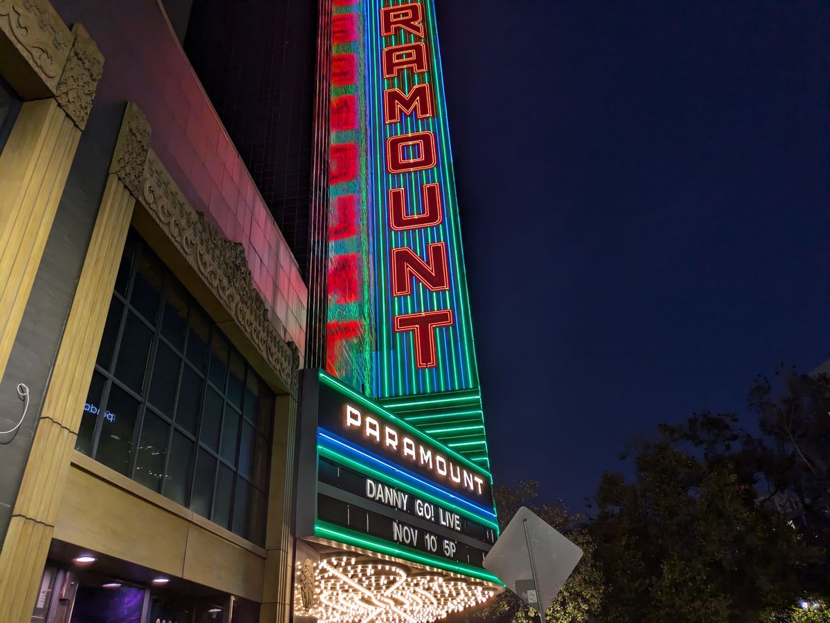 Paramount Theater marquee at Night shot by Pixel 8a