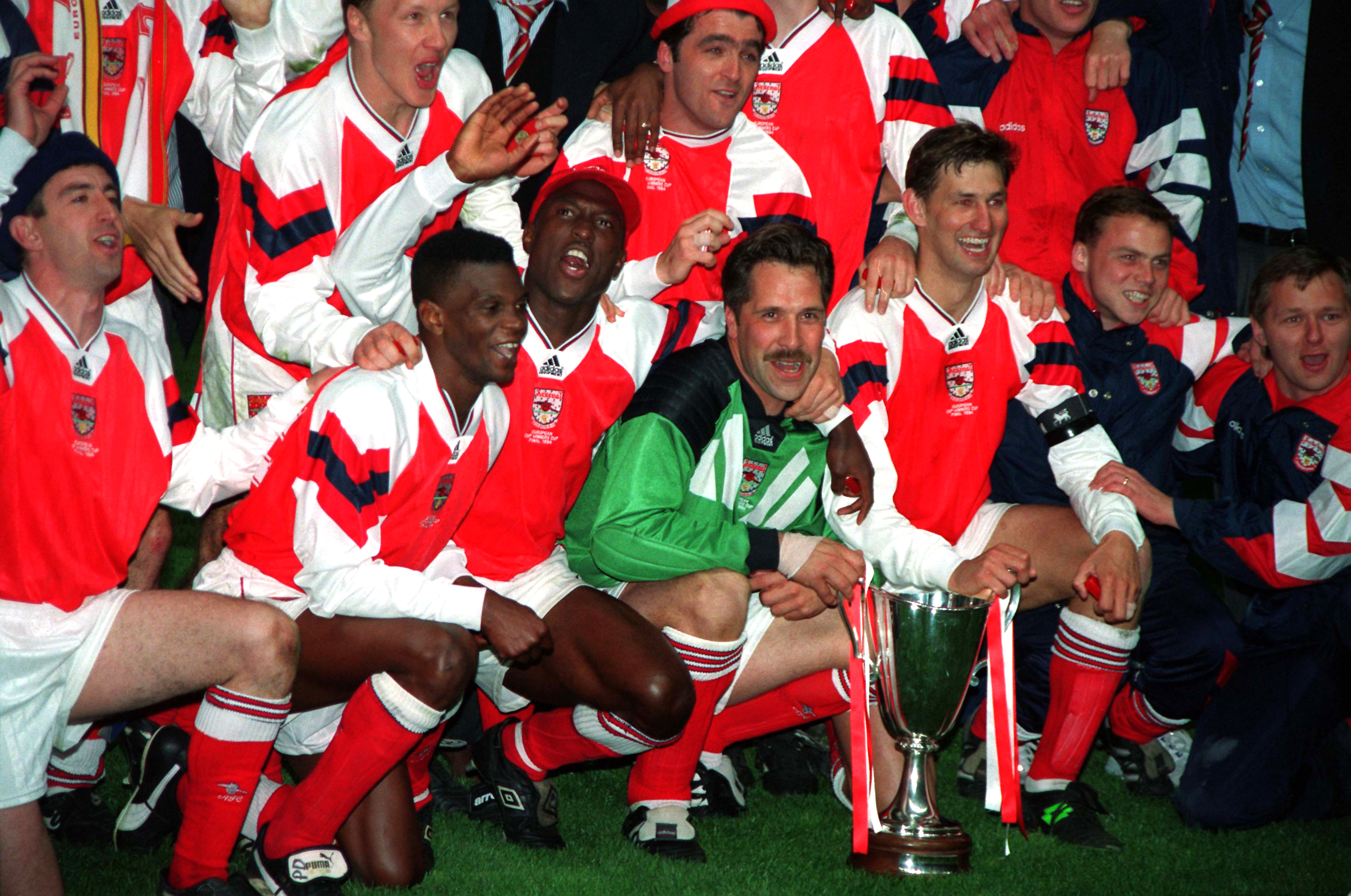 Arsenal players celebrate victory over Parma in the UEFA Cup Winners' Cup final in May 1994.