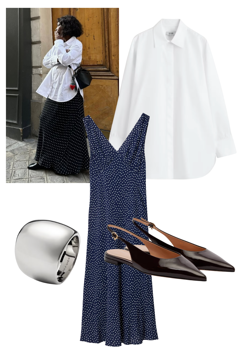 @frannfyne wears navy polka dot skirt white shirt