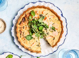 Salmon, watercress and horseradish tart.