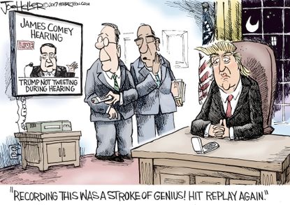 Political cartoon U.S. Comey testimony Trump tweet recording