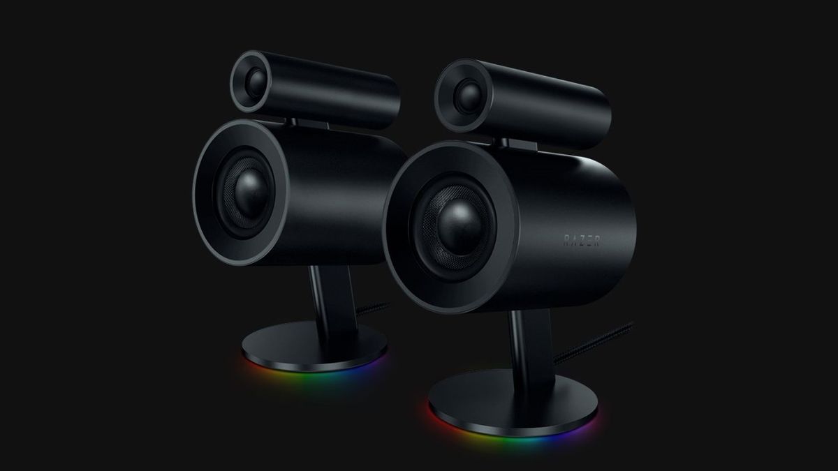Pair of Razer Nommo Pro speakers with a grey backdrop.