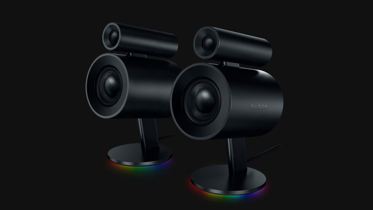 Pair of Razer Nommo Pro speakers with a grey backdrop.