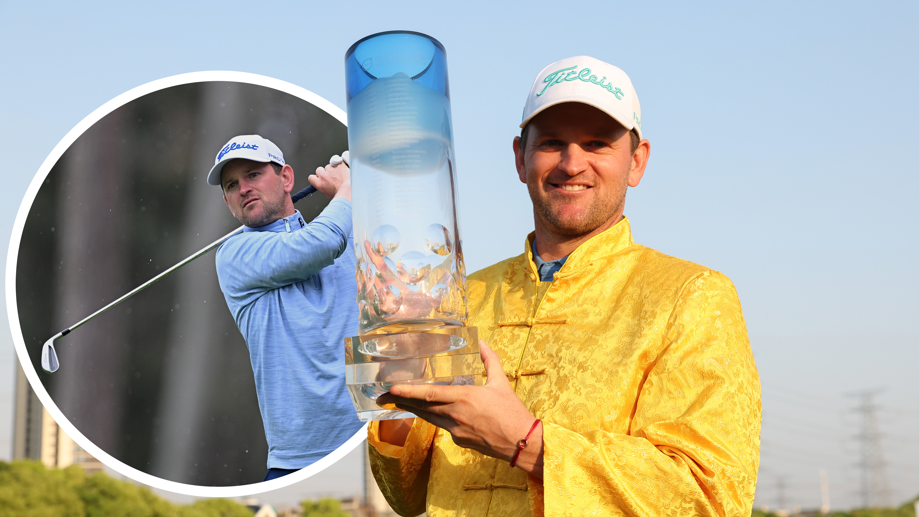 Bernd Wiesberger holding the 2026 Volvo China Open trophy after winning his 9th DP World Tour Title recently, with an inset image of Wiesberger hitting a golf shot